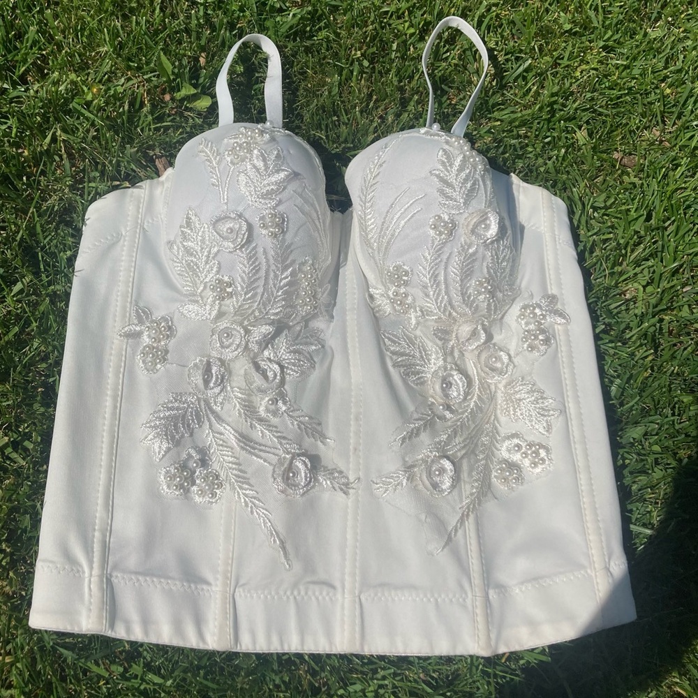Vintage White Embellished Satin Bustier Top